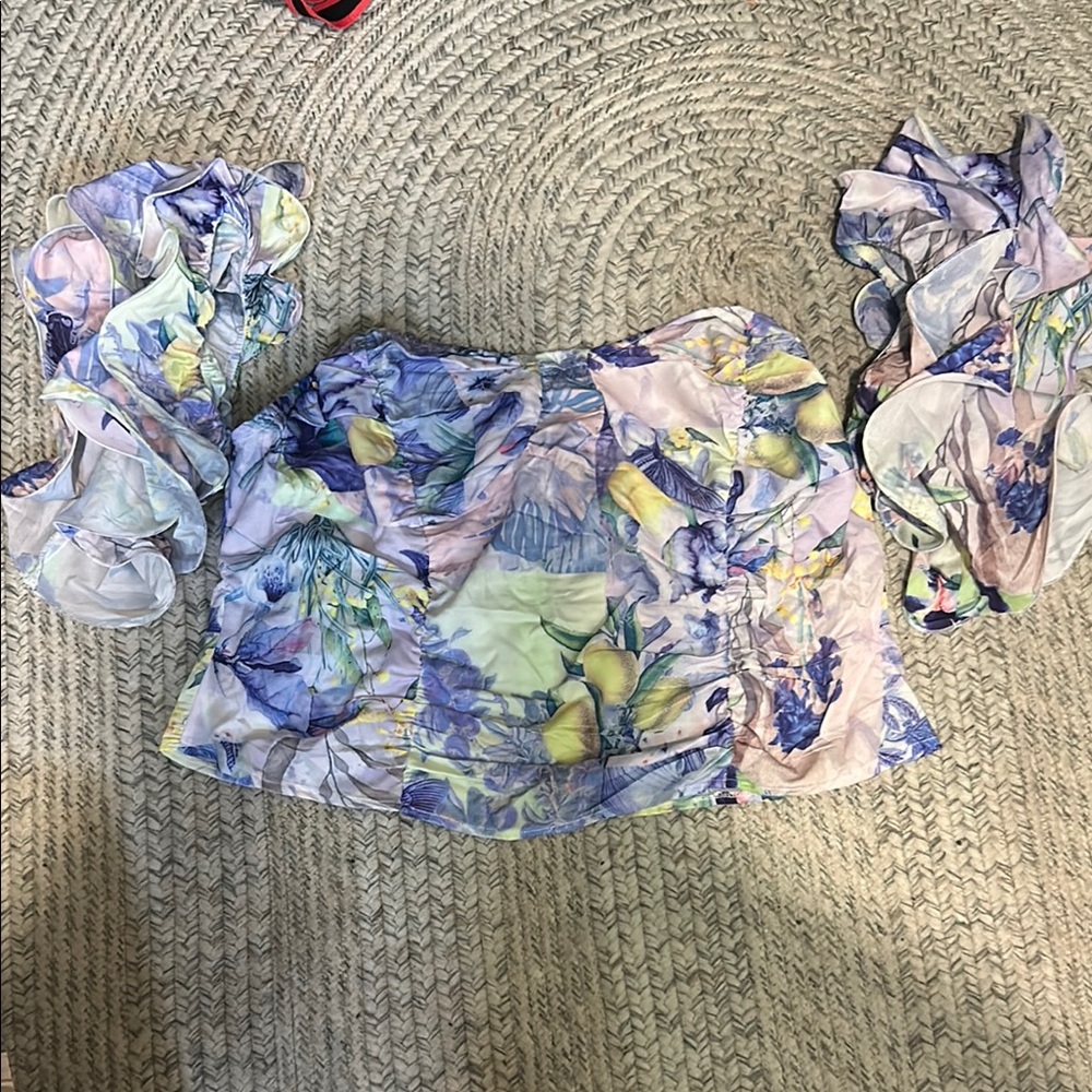 Purple and Blue Ruched Puff Sleeve Blouse